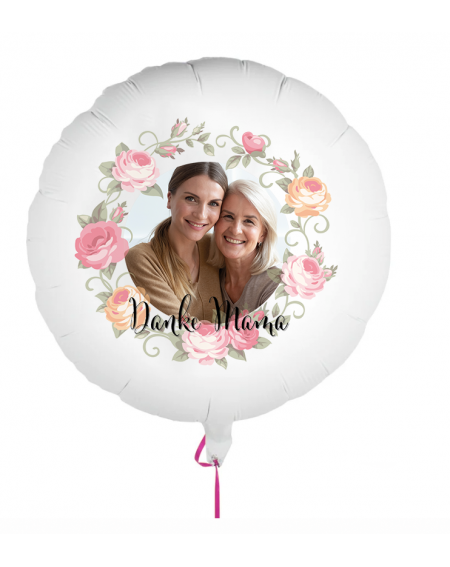 Fotoballon bedruckt mir einem Motiv zum Muttertag mit dem Text "Danke Mama" auf einem Geschenkballon