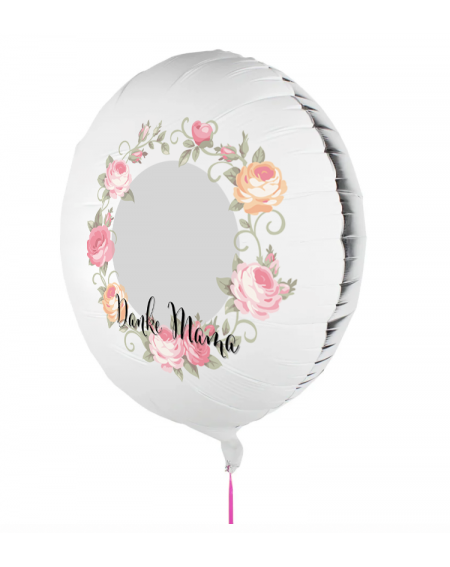 Fotoballon bedruckt mir einem Motiv zum Muttertag mit dem Text "Danke Mama" auf einem Geschenkballon