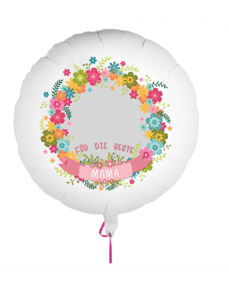 Fotoballon bedruckt mit einem Motiv zum Muttertag mit dem Text "Für die beste Mama" auf einem Geschenkballon