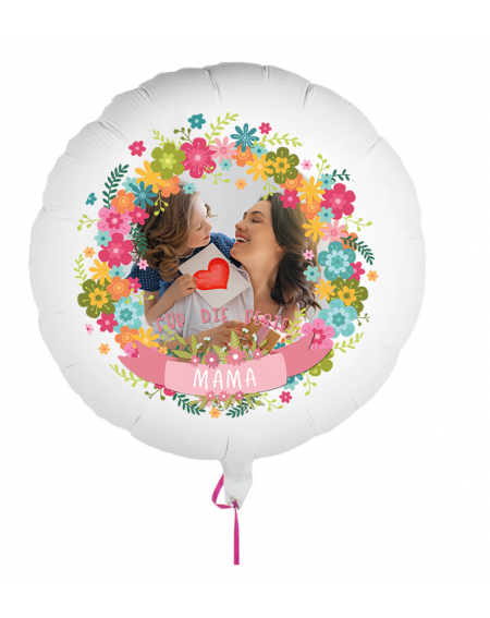 Fotoballon bedruckt mit einem Motiv zum Muttertag mit dem Text "Für die beste Mama" auf einem Geschenkballon
