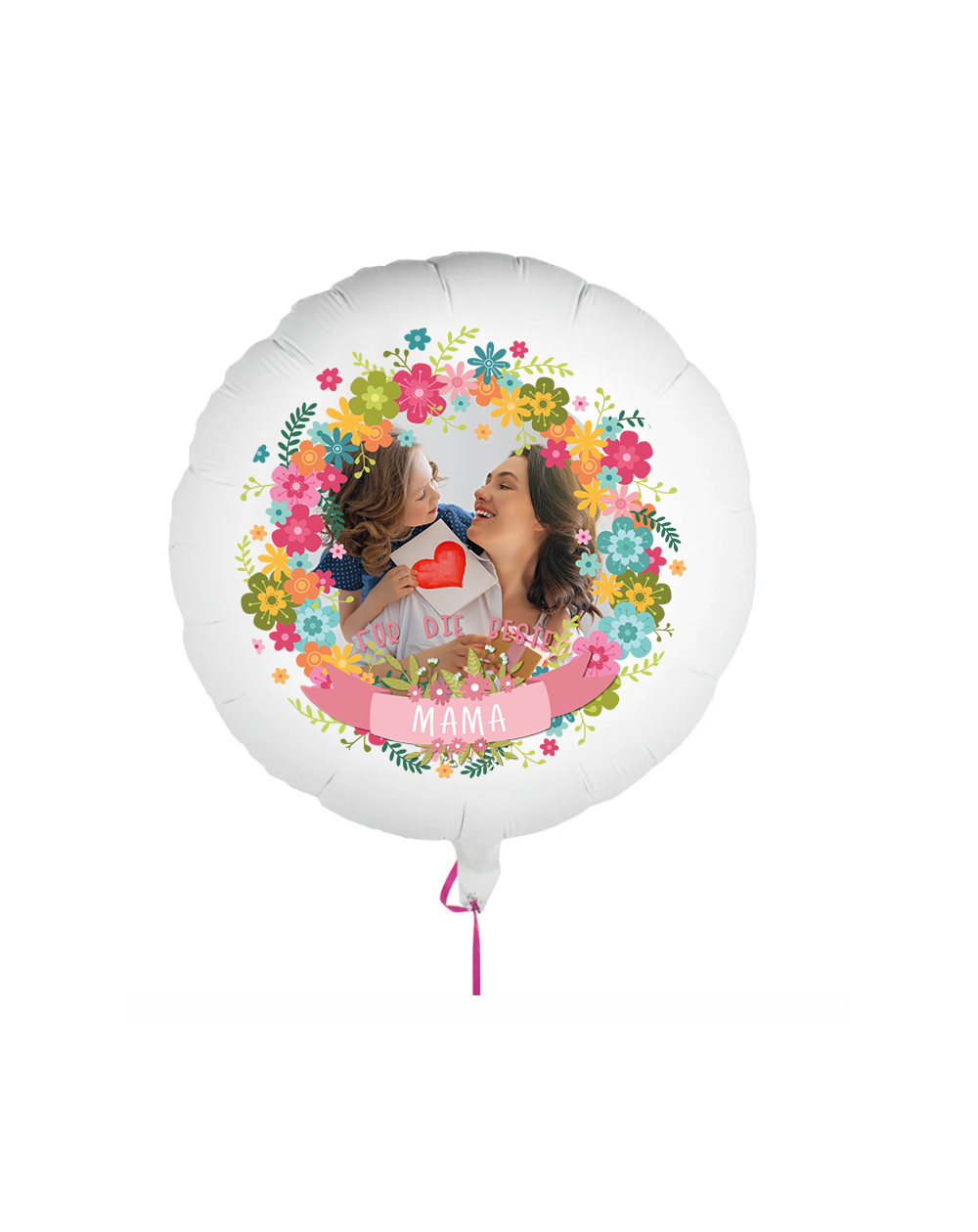 Fotoballon bedruckt mit einem Motiv zum Muttertag mit dem Text "Für die beste Mama" auf einem Geschenkballon