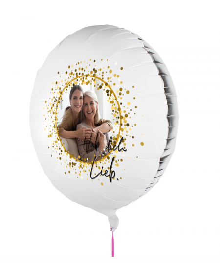 Fotoballon bedruckt mit einem Motiv zum Muttertag mit dem Text "Hab dich Lieb" auf einem Geschenkballon