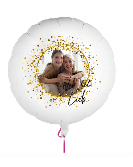 Fotoballon bedruckt mit einem Motiv zum Muttertag mit dem Text "Hab dich Lieb" auf einem Geschenkballon