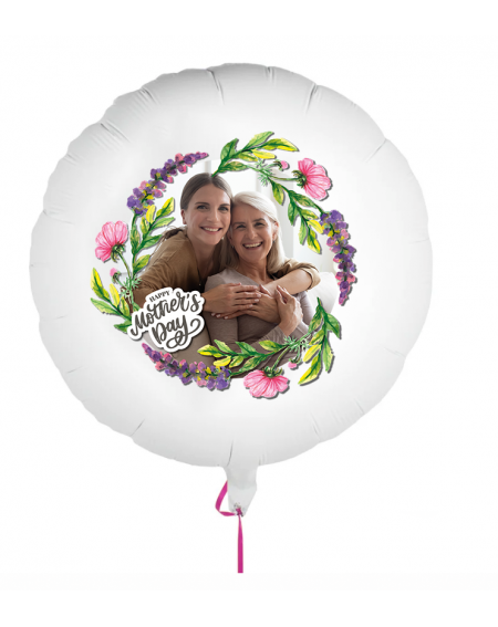 Fotoballon bedruckt mit einem Motiv zum Muttertag mit dem Text "Happy Mothers Day" auf einem Geschenkballon