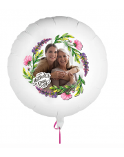 Fotoballon bedruckt mit einem Motiv zum Muttertag mit dem Text "Happy Mothers Day" auf einem Geschenkballon