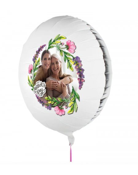 Fotoballon bedruckt mit einem Motiv zum Muttertag mit dem Text "Happy Mothers Day" auf einem Geschenkballon