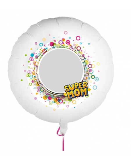 Fotoballon bedruckt mit einem Motiv zum Muttertag mit dem Text "Super Mom" auf einem Geschenkballon