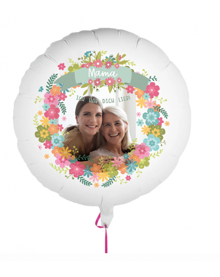 Fotoballon bedruckt mit einem Motiv zum Muttertag mit dem Text "hab dich lieb Mama" auf einem Geschenkballon