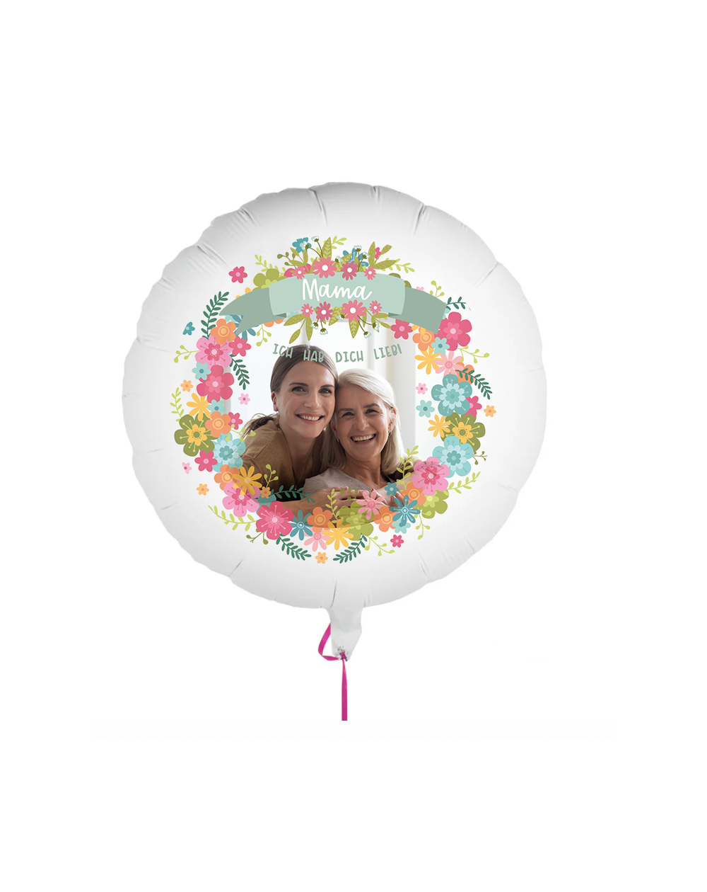 Fotoballon bedruckt mit einem Motiv zum Muttertag mit dem Text "hab dich lieb Mama" auf einem Geschenkballon