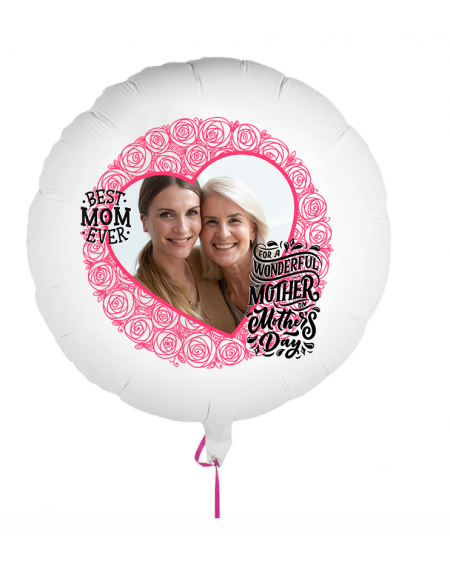 Fotoballon bedruckt mit einem Motiv zum Muttertag mit dem Text "Best Mom Ever" auf einem Geschenkballon.