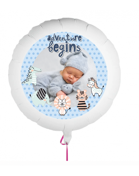 Personalisierbarer Fotoballon mit Baby zur Geburt. Geschenkballon zur Geburt eines Jungen.