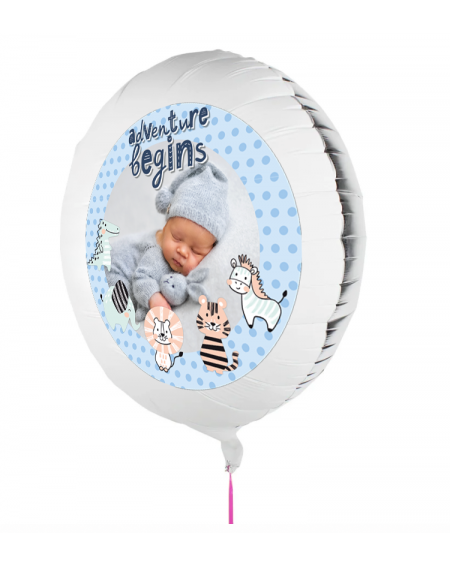 Personalisierbarer Fotoballon mit Baby zur Geburt. Geschenkballon zur Geburt eines Jungen.