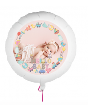 Personalisierbarer Fotoballon mit Baby zur Geburt. Geschenkballon zur Geburt von einem Mädchen
