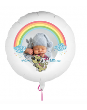 Personalisierbarer Fotoballon mit Baby zur Geburt. Geschenkballon mit Dinosaurier und Regenbogen