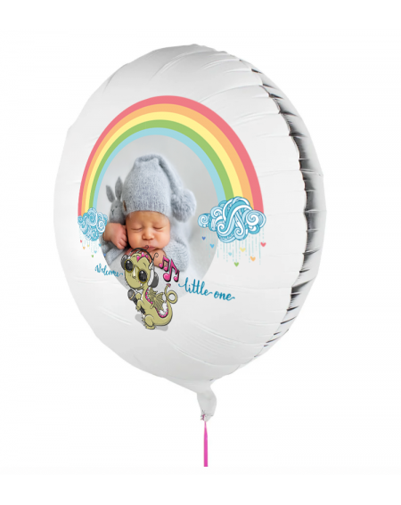 Personalisierbarer Fotoballon mit Baby zur Geburt. Geschenkballon mit Dinosaurier und Regenbogen