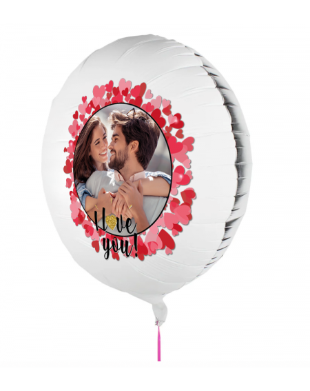 Personalisierbarer Fotoballon zum Valentinstag. Geschenkballon mit Ich liebe dich und I Love You bedruckt.