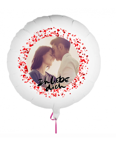 Personalisierbarer Fotoballon zum Valentinstag. Geschenkballon mit kleinen roten Herzen bedruckt.